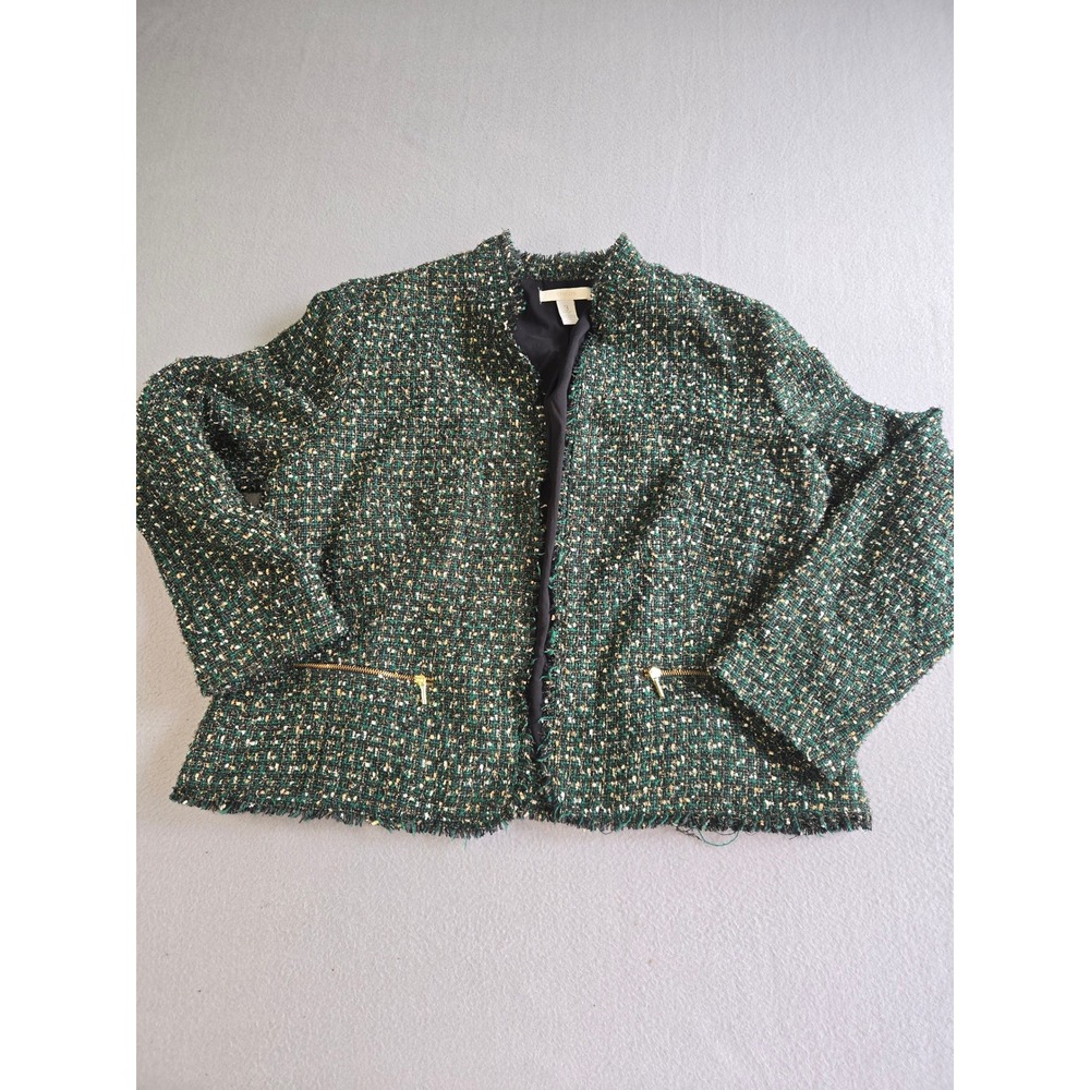 Chico's Tweed Jacket Womens 3 XL Green‎ Black Gold Metallic Frayed Zip Pockets